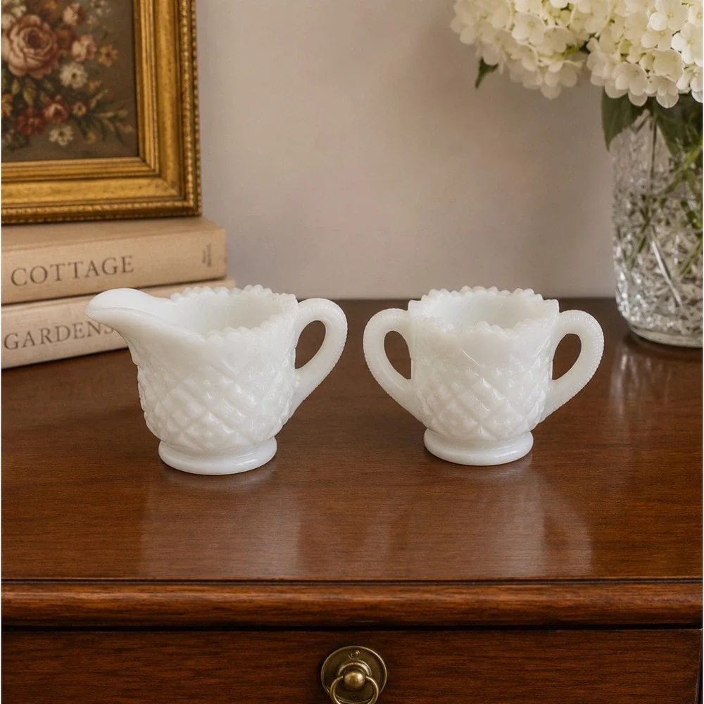 Vintage Milk Glass Creamer Sugar Bowl Set Diamond Point Starburst Farmhouse